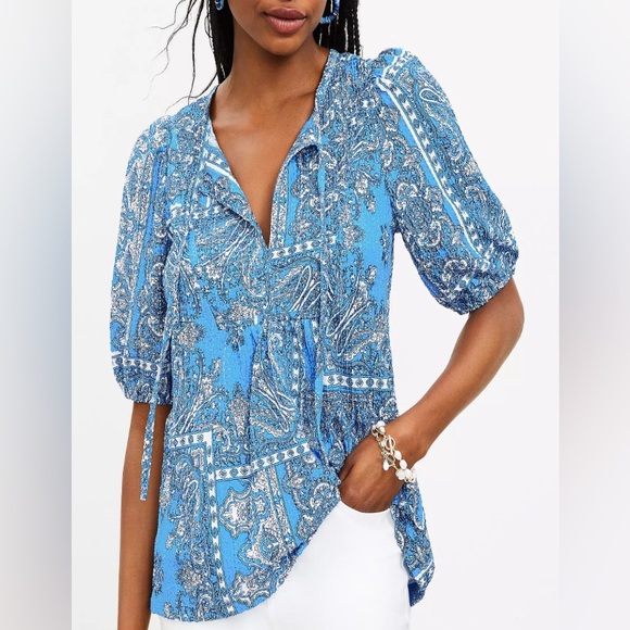 LOFT Tops - NWT! Loft Blue Bandana Paisley Balloon Sleeve Textured Blouse Size XXL Women’s